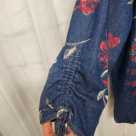 Vintage Blue Chambray Blouse "Painted" Floral Studded Ruched Boho Artsy 22W - Picture 4 of 12